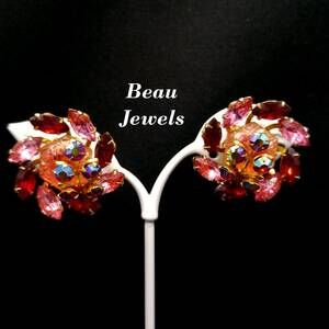 Vintage Signed BEAU JEWELS Gold-Tone Pink & Red AB Rhinestones Clip-On Earrings